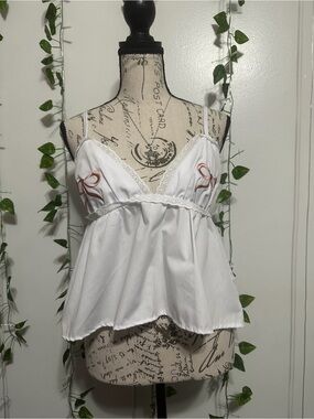 Classic White Lace-Trim Camisole with Pink Ribbon Detail